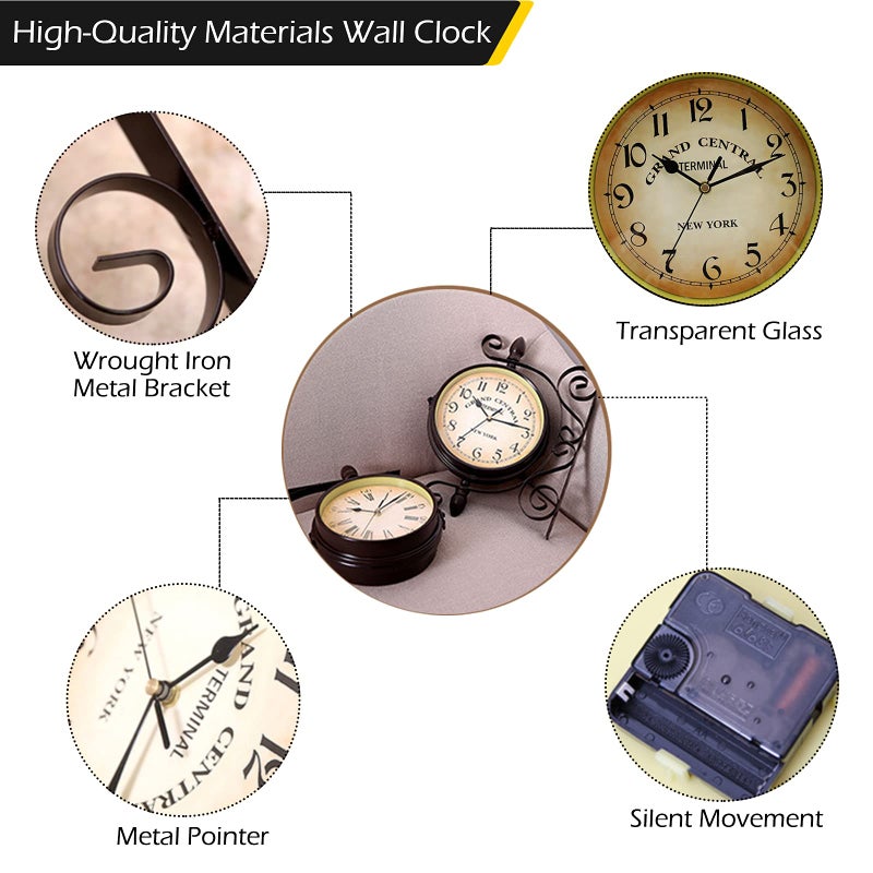 Dyna-Living Double-Sided Vintage Wall Clock - 8-inch Wrought Iron Hanging Clock with 360-degree Rotation for Home Use - Image 3